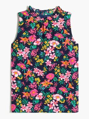 J. CREW Factory Printed Ruffleneck Top Navy Pink Floral Sleeveless Summer Work
